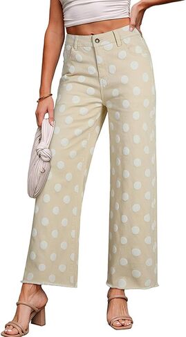 yoeasy Womens High Waisted Wide Leg Jeans Polka Dots Straight Leg Casual Raw Hem Cropped Denim Pants with Pockets in Kuwait