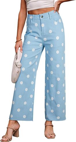 yoeasy Womens High Waisted Wide Leg Jeans Polka Dots Straight Leg Casual Raw Hem Cropped Denim Pants with Pockets in Kuwait