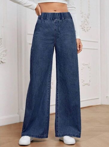 Women's Elastic Waistband Wide Leg Jeans Light Blue Wash Straight Leg Loose Fit Denim Pants with Functional Pockets in Kuwait