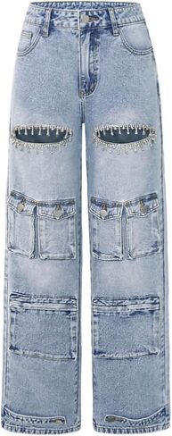 Rhinestone Cargo Jeans for Women Denim Cargo Pants Women's High Waisted Baggy Ripped Jeans for Women Stretchy Denim Pants in Saudi Arabia