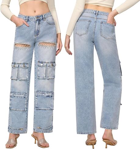 Rhinestone Cargo Jeans for Women Denim Cargo Pants Women's High Waisted Baggy Ripped Jeans for Women Stretchy Denim Pants in Saudi Arabia