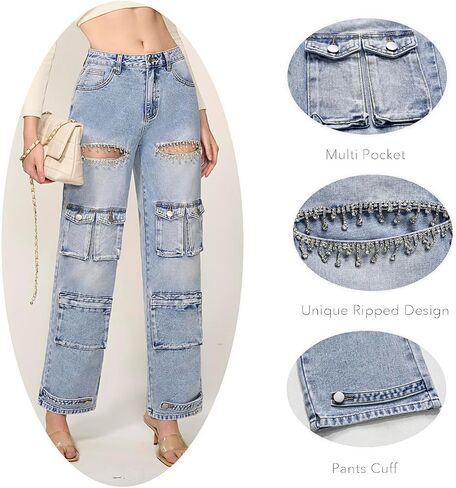 Rhinestone Cargo Jeans for Women Denim Cargo Pants Women's High Waisted Baggy Ripped Jeans for Women Stretchy Denim Pants in Saudi Arabia