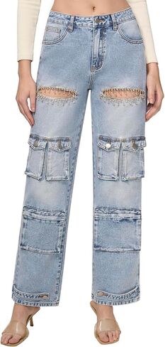 Rhinestone Cargo Jeans for Women Denim Cargo Pants Women's High Waisted Baggy Ripped Jeans for Women Stretchy Denim Pants in Saudi Arabia