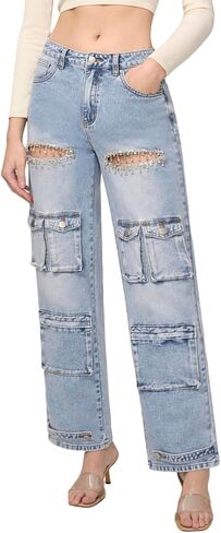 Rhinestone Cargo Jeans for Women Denim Cargo Pants Women's High Waisted Baggy Ripped Jeans for Women Stretchy Denim Pants in Saudi Arabia
