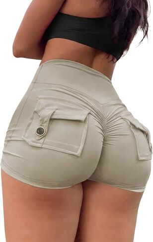 Women's High Waist Shorts Butt Lifting Ruched Cargo Yoga Shorts with Pockets Tummy Control Athletic Shorts for Gym Running in Kuwait