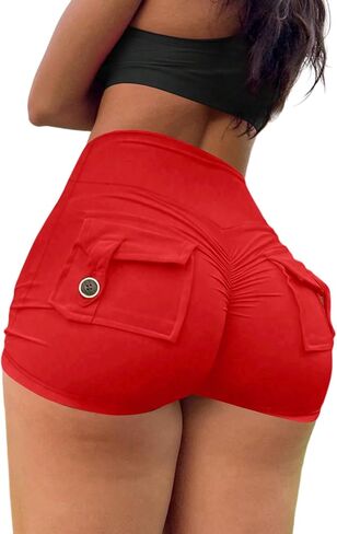 Women's High Waist Shorts Butt Lifting Ruched Cargo Yoga Shorts with Pockets Tummy Control Athletic Shorts for Gym Running in Kuwait