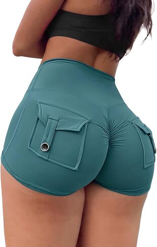 Women's High Waist Shorts Butt Lifting Ruched Cargo Yoga Shorts with Pockets Tummy Control Athletic Shorts for Gym Running in Kuwait