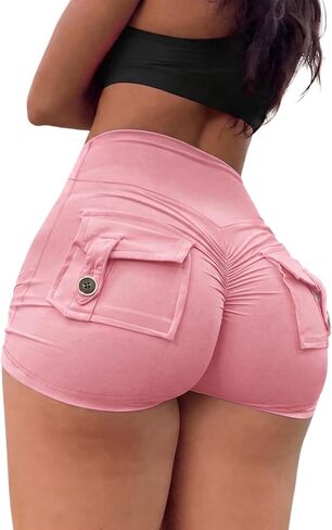 Women's High Waist Shorts Butt Lifting Ruched Cargo Yoga Shorts with Pockets Tummy Control Athletic Shorts for Gym Running in Kuwait
