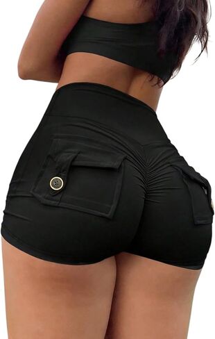 Women's High Waist Shorts Butt Lifting Ruched Cargo Yoga Shorts with Pockets Tummy Control Athletic Shorts for Gym Running in Kuwait