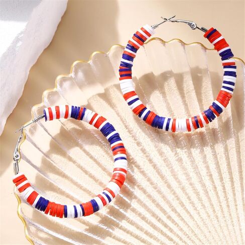 Red White Blue Heishi Hoop Earrings for Women 4th of July American Flag Patriotic Boho Handmade Polymer Clay Beaded Big Circle Round Lightweight Earrings for USA Independence Day Jewelry Gifts in Kuwait