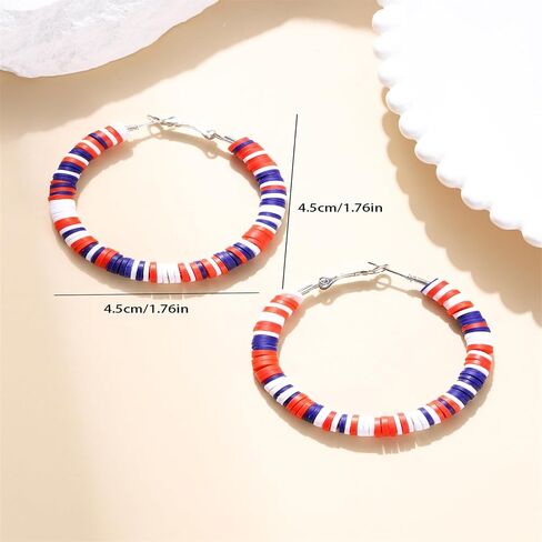 Red White Blue Heishi Hoop Earrings for Women 4th of July American Flag Patriotic Boho Handmade Polymer Clay Beaded Big Circle Round Lightweight Earrings for USA Independence Day Jewelry Gifts in Kuwait