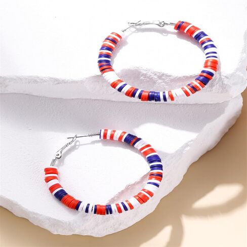 Red White Blue Heishi Hoop Earrings for Women 4th of July American Flag Patriotic Boho Handmade Polymer Clay Beaded Big Circle Round Lightweight Earrings for USA Independence Day Jewelry Gifts in Kuwait