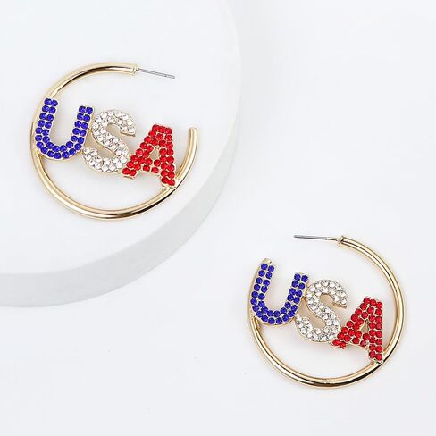 4th of July Hoop Earrings Rhinestone USA Red White Blue Earrings Sparkling Independence Day Patriotic Jewelry in Saudi Arabia