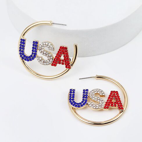 4th of July Hoop Earrings Rhinestone USA Red White Blue Earrings Sparkling Independence Day Patriotic Jewelry in Saudi Arabia