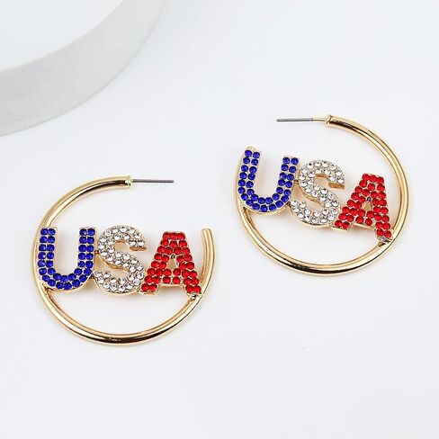 4th of July Hoop Earrings Rhinestone USA Red White Blue Earrings Sparkling Independence Day Patriotic Jewelry in Saudi Arabia