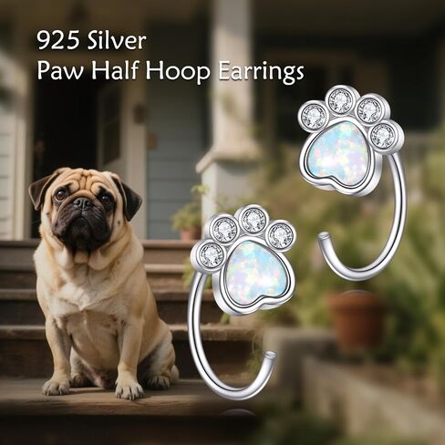 Paw Half Hoop Earrings 925 Sterling Silver Paw Print Opal Stud Earrings Dog Cat Pet Jewelry Gift for Women in Kuwait