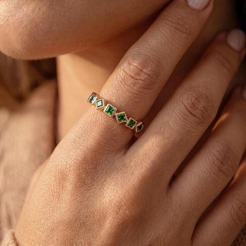 SAVORI Adjustable Gold Plated Emerald Band Ring for Women, 925 Sterling Silver Stackable Half Eternity Ring with Square-Cut Green CZ, Hypoallergenic Minimalist Statement Ring, Everyday & Bridal Jewelry Gifts in Kuwait