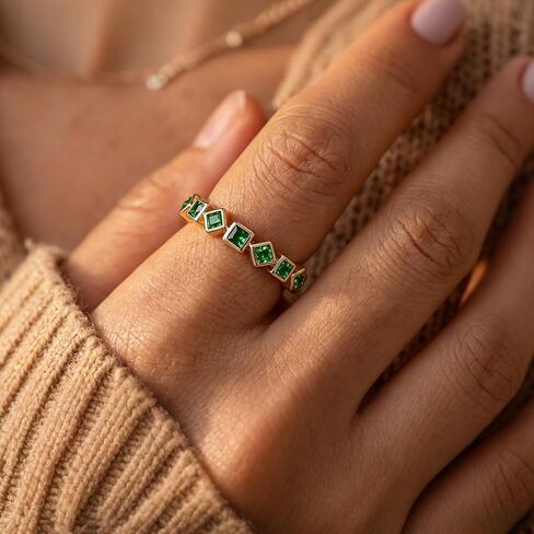 SAVORI Adjustable Gold Plated Emerald Band Ring for Women, 925 Sterling Silver Stackable Half Eternity Ring with Square-Cut Green CZ, Hypoallergenic Minimalist Statement Ring, Everyday & Bridal Jewelry Gifts in Kuwait