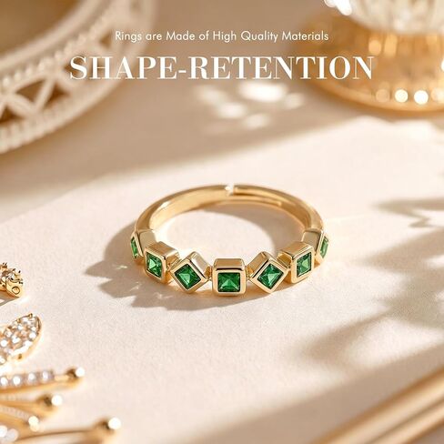 SAVORI Adjustable Gold Plated Emerald Band Ring for Women, 925 Sterling Silver Stackable Half Eternity Ring with Square-Cut Green CZ, Hypoallergenic Minimalist Statement Ring, Everyday & Bridal Jewelry Gifts in Kuwait