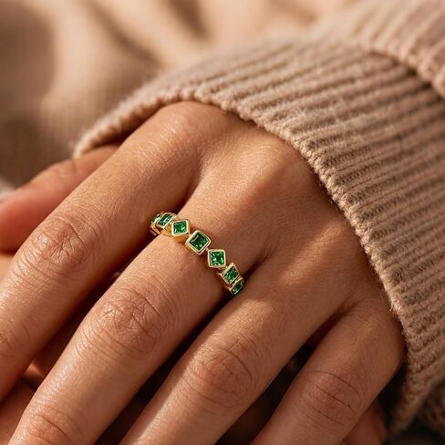 SAVORI Adjustable Gold Plated Emerald Band Ring for Women, 925 Sterling Silver Stackable Half Eternity Ring with Square-Cut Green CZ, Hypoallergenic Minimalist Statement Ring, Everyday & Bridal Jewelry Gifts in Kuwait