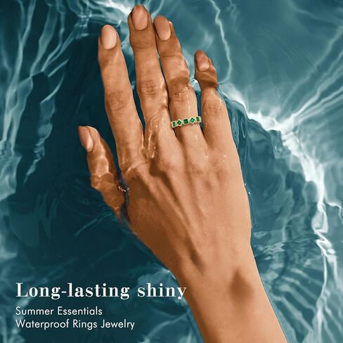 SAVORI Adjustable Gold Plated Emerald Band Ring for Women, 925 Sterling Silver Stackable Half Eternity Ring with Square-Cut Green CZ, Hypoallergenic Minimalist Statement Ring, Everyday & Bridal Jewelry Gifts in Kuwait