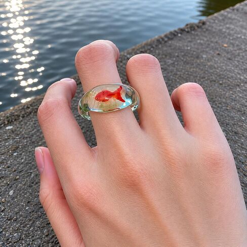 Mini Goldfish Glass Adjustable Ring for Women, Transparent Resin Aquarium Ring, Cute Artistic Koi Fish Statement Jewelry for Daily Wear in Kuwait