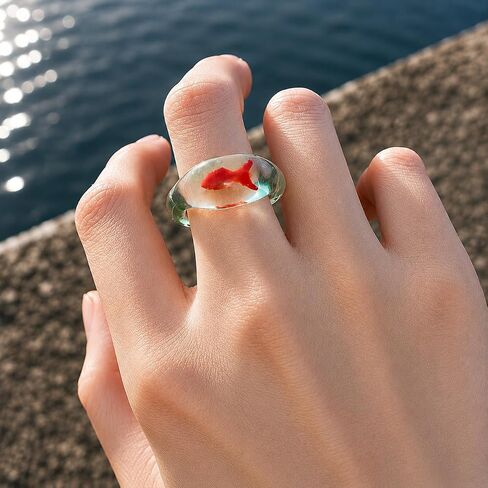 Mini Goldfish Glass Adjustable Ring for Women, Transparent Resin Aquarium Ring, Cute Artistic Koi Fish Statement Jewelry for Daily Wear in Kuwait