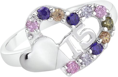 Sweet 15 Quinceanera Multi-Color Cz Double Heart Ring 925 Sterling Silver Rhodium Plated in Saudi Arabia