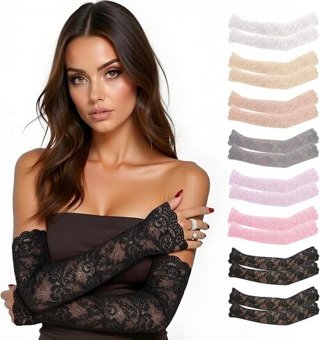 JATEBI 8 Pairs Women Lace Arm Sleeves, Floral Lace Hollow Arms Cover Elegant Long Fingerless Gloves for Wedding Tea Party in Kuwait