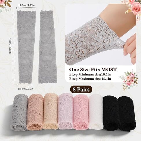 JATEBI 8 Pairs Women Lace Arm Sleeves, Floral Lace Hollow Arms Cover Elegant Long Fingerless Gloves for Wedding Tea Party in Kuwait