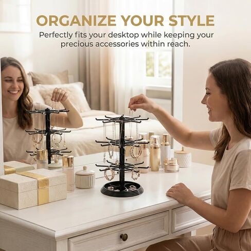 3 Tier Rotating Jewelry Stand Display - Spinning Necklace Holder and Keychain Organizer with Plastic Base for Bracelets Earrings Dressing Table Counter Malls Store in Saudi Arabia