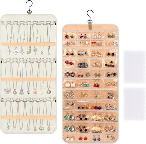 Hanging Jewelry Organizer Storage Roll with 48pcs Pocket Double Sided Rotating Hanger Necklace Hanging Wall Organizer with Hanger Hooks(COLOR:Black) in Saudi Arabia