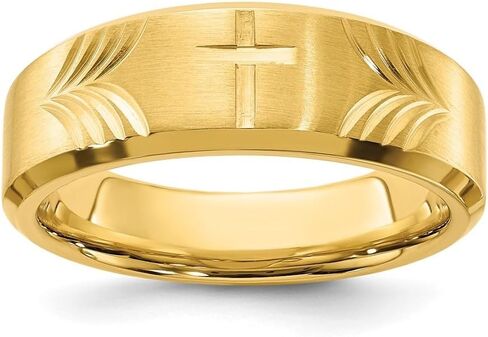 Diamond2Deal Stainless Steel Brushed and Polished Yellow IP-plated Diamond-cut Cross 8mm Tapered Band Ring Size 7 to 13 in Kuwait