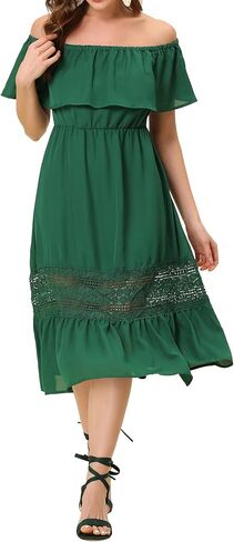 Allegra K Women's Off Shoulder Ruffle Flutter Sleeve Lace Insert Chiffon Boho Beach Vacation Maxi Dress in Saudi Arabia