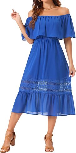 Allegra K Women's Off Shoulder Ruffle Flutter Sleeve Lace Insert Chiffon Boho Beach Vacation Maxi Dress in Saudi Arabia
