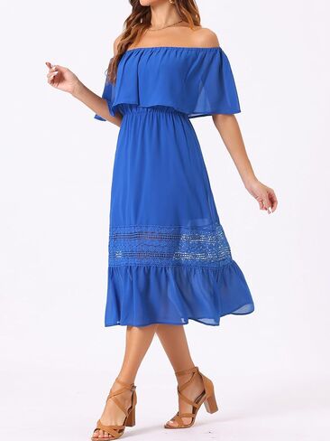 Allegra K Women's Off Shoulder Ruffle Flutter Sleeve Lace Insert Chiffon Boho Beach Vacation Maxi Dress in Saudi Arabia
