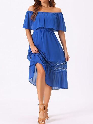 Allegra K Women's Off Shoulder Ruffle Flutter Sleeve Lace Insert Chiffon Boho Beach Vacation Maxi Dress in Saudi Arabia