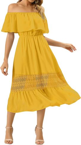 Allegra K Women's Off Shoulder Ruffle Flutter Sleeve Lace Insert Chiffon Boho Beach Vacation Maxi Dress in Saudi Arabia