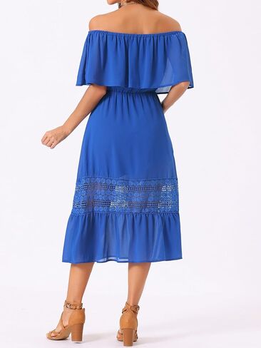 Allegra K Women's Off Shoulder Ruffle Flutter Sleeve Lace Insert Chiffon Boho Beach Vacation Maxi Dress in Saudi Arabia