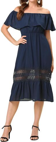 Allegra K Women's Off Shoulder Ruffle Flutter Sleeve Lace Insert Chiffon Boho Beach Vacation Maxi Dress in Saudi Arabia