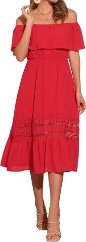 Allegra K Women's Off Shoulder Ruffle Flutter Sleeve Lace Insert Chiffon Boho Beach Vacation Maxi Dress in Saudi Arabia