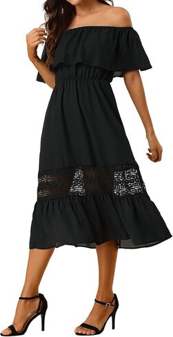 Allegra K Women's Off Shoulder Ruffle Flutter Sleeve Lace Insert Chiffon Boho Beach Vacation Maxi Dress in Saudi Arabia