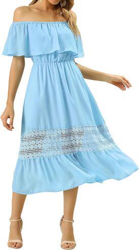 Allegra K Women's Off Shoulder Ruffle Flutter Sleeve Lace Insert Chiffon Boho Beach Vacation Maxi Dress in Saudi Arabia