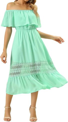 Allegra K Women's Off Shoulder Ruffle Flutter Sleeve Lace Insert Chiffon Boho Beach Vacation Maxi Dress in Saudi Arabia