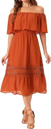 Allegra K Women's Off Shoulder Ruffle Flutter Sleeve Lace Insert Chiffon Boho Beach Vacation Maxi Dress in Saudi Arabia