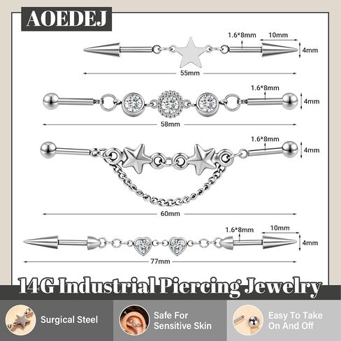 AOEDEJ 4Pcs 14G Industrial Piercing Jewelry Surgical Steel Industrial Barbell Chain Cartilage Earrings for Women Men Piercing Jewelry in Kuwait