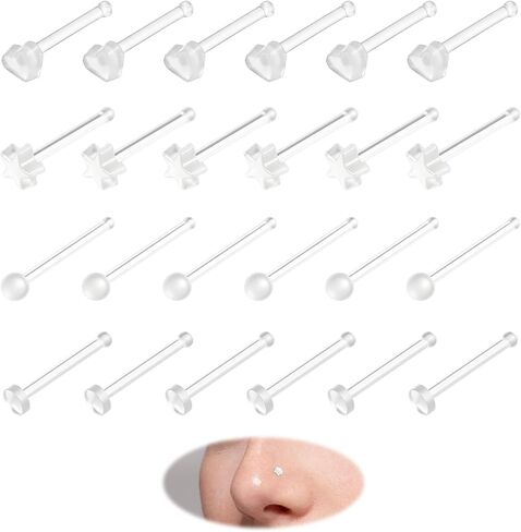24 Pcs Clear Nose Studs Clear Nose Rings Plastic Piercing Retainers for Work Straight Sport Small Tiny Invisible Flat Nostril Piercing Pin Spacers Cover Retainer Star Heart Jewelry Earring in Saudi Arabia