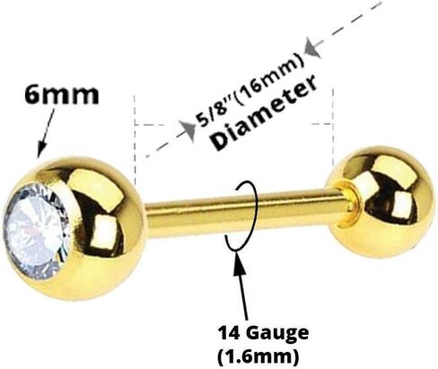 Luxe Modz 316L Surgical Steel PVD Plated Externally Threaded 14G Tongue Straight Barbell CZ Tongue Ring 5/8" 15mm Tongue Piercing Jewelry in Saudi Arabia