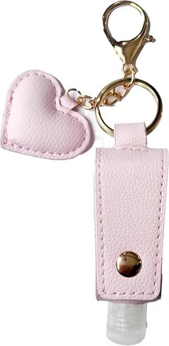 Keychain Travle Size Empty squeeze Bottle Holder for 1oz of Shampoo, Lotion, Soap or Hand Sanitizer in vegan leather. (Heart, Pink), Small in Saudi Arabia