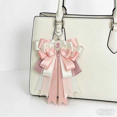 Pink Double Layer Ribbon Keychain Charms for Handbags Kawaii Key Chain Women Backpack Keychains for Women Cute Tote Bag Charms Keychain Accessories Key Chains Bow Bag Charm for Backpacks Purse Charm in Saudi Arabia